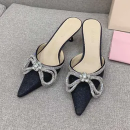 M Queels 6cm Designer Slides Rhinestone Bow Dress Shoes Flat Flace Sandals Elegant Women Sexy Heels Classic Party Wedder Pearly Dark Gray Size 35-39