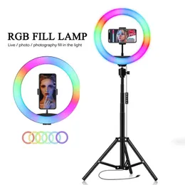 الملحقات Selfie Ring Light 10 بوصة RGB التصوير الفوتوغرافي LED حافة المصباح مع حامل الهاتف المحمول Tripod Stand Ringlight للفيديو المباشر