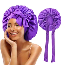 Novo extra grande feminino cetim noite dormir boné com laço de cabeça touca de banho gorro de cabelo para dormir touca de banho ajustável