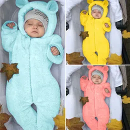 Rompers född baby romper vinter fleece jumpsuit spädbarn flicka pojke björn öron fot huva kappa häll enfanter 231215