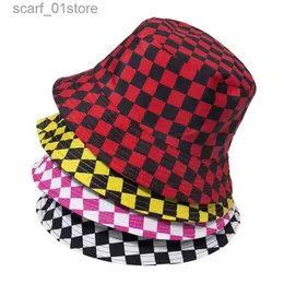 Wide Brim Hats Bucket Hats Black White Women Summer Bucket Hat Flat Hip-hop Plaid Autumn Grid Fashion Design Fisherman Hat Unisex Panama Bob CL231216