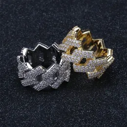 18 Karat Gold und Weißgold plattiert, umweltfreundliches Kupfer, ausgehöhlter Herren-Ring mit Volldiamant, Iced Out, Hip-Hop-Schmuck, Geschenke für Männer, Wh245K