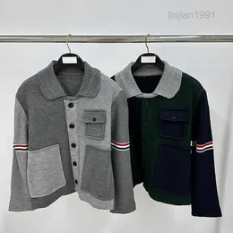 Correct Version 23FW tb Autumn/Winter New Versatile Fashion and Casual Heavy Industry Color Block Flip Collar Jacket Knitwear Trend