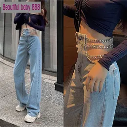 ジーンズMeqeiss Streetwear Side Cross Cross Cross Cross Hollow Out Wideleg Women's Jeans High Waist Pantsセクシーなエレガントな女性ヨーロッパファッションジーンズ