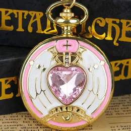 Pocket Watches Golden Girly Style Pink Crystal Inlaid Quartz Watch Ladies Children Necklace Chain Moon Fob Pendant Gift 231216