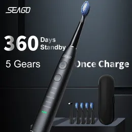 Escova de dentes Seago Electric Sonic Toothbrush USB recarregável adulto 360 dias de longa vida útil da bateria com 4 cabeças de substituição presente SG-575 231215