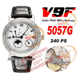 V9F Calatrava 5057G PP30-255 자동 남성 시계 코르티나 시계 50 주년 기념 38mm 흰색 다이얼 문자 파워 리저브 블랙 가죽 슈퍼 에디션 Puretime B2