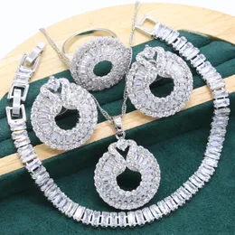 Colares branco cristal sier conjunto de jóias para mulheres festa pulseira brincos colar pingente anel presente de casamento de natal