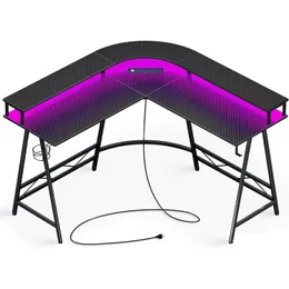 Mesa de móveis de quarto com luz LED e tomada de energia Family Corner Table Monitor Stand Suporte de copo Gancho Fibra de carbono Preto Drop Del Dhwl3