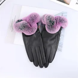 Five Fingers Gloves Women s Genuine sheep skin leather Autumn Winter Warm rex rabbit fur trim Cuffs gloves Mittens 231216