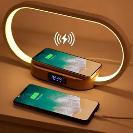 10W Fast Wireless Charger med klockbäddslampan med USB Port Touch -bordslampor för nattduksbord, sovrum, trämekor, tröjlösa dimning3 färglägen