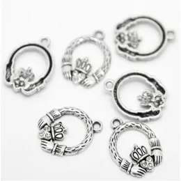 Whole- 100pcs Antique Silver Tone Rhinestone Claddagh Ring Charm Pendants 25x18mm Jewelry Findings making DIY Whole J0506328H