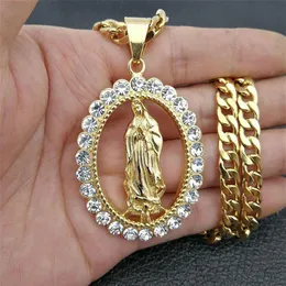 N7M7 Hip Hop Iced Out Bling Big Virgin Mary Necklaces Pendants Gold Color Stainless Steel Madonna Necklace For Women Jewelry Y1220273V