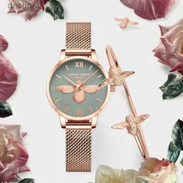 Zegarki damskie Hannah Martin 2023 Nowe kobiety luksusowe zegarek Rose Gold 31mm Casual Girl Dress Zestaw Bransoletki Zestaw 3D Grawerowana pszczoła Clockl231216