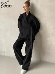 Pantaloni a due pezzi da donna Oymimi Elegante patchwork nero da donna Set camicette casual a maniche lunghe con lacci e pantaloni larghi dritti Set abbigliamento per la casa 231215
