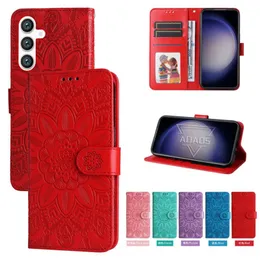 Capas de carteira de couro de girassol em relevo para Samsung S23Ultra S22 Iphone 15 14 13 Pro Max 12 11 XR XS Impressão floral em relevo Suporte de flor Flip Cover Alça de bolsa