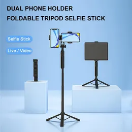 Titulares MAMEN 80cm / 160cm Tripé dobrável Selfie Stick com suporte duplo para telefone Tiro remoto para smartphone Tablet Live Vlog Tripé