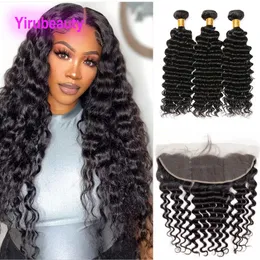 4 Pcs/lot Deep Wave Brazilian Virgin Human Hair 3 Bundles With 13X4 Lace Frontal Pre Plucked Natural Color Yirubeauty