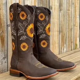 Botas Mulheres Café Marrom Bordado PU Couro Impresso Western Cowboy Deep V Boca Alta Tubo Casual Clássico 231216