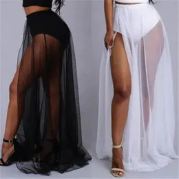 Skirts Skorts Women's High Waist Mesh Skiing Empire See Through Side Split Skirt Solid Transparent Chiffon Maxi Long Skirt Summer 2018 231215