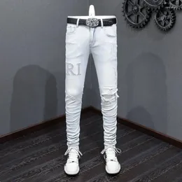 Jeans pour hommes High Street Mode Hommes Rétro Bleu Clair Stretch Skinny Fit Ripped Perles Patch Designer Hip Hop Marque Pantalon