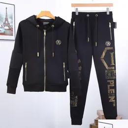 Tute da uomo Plein Bear Giacca con cappuccio da uomo Pantaloni Crystal Skl Tuta da uomo Felpe con cappuccio Tute casual Giacche da jogging Pantaloni Set Dhhk9