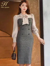 Sweaters H Han Queen 2021 Spring Vestidos Double Breasted Bow Pencil Sheath Dress Office Lady Evening Party Sexy Ol Simple Series Dresses