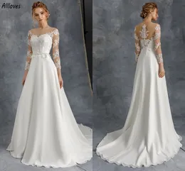 Abiti da sposa glamour applicati in pizzo con maniche lunghe a 3/4 Collo trasparente Abiti da sposa in chiffon chic Boho Garden A Line Sweep Train Robes de Mariee Simple CL3077