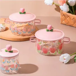 Soup Stock Pots Creative Pink Flower Instant Noodles Glass Pot Can Be Heated Double Ears Salad Bowl Covered With A Large Capacity 231215