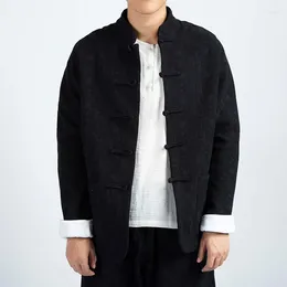 Men's Jackets 2023 Autumn Mens Linen Embroidery Hanfu Jacket Men Chinese Style Tang Suit Fleece Male Vintage Buckle Coat 4XL