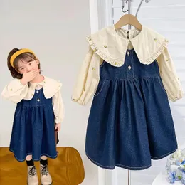 Clothing Sets 2024 Korean Spring Autumn Baby Girl 2PCS Clothes Set Peter Pen Collar Floral Print Top Denim Princess Sundress Kids Outfits