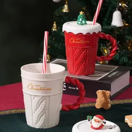 와인 안경 커피 절연 450ml 크리스마스 머그 그 나무 세라믹 컵 뚜껑 밀짚 손 선물을 가진 높은 색상 값 231216