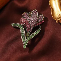 Brooches Vintage Luxury Full Rhinestone Tulip Flower For Women Elegant Brooch Suit Accessories Party Jewelry Gifts