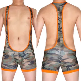 Yeni Marka Erkek Kamuflaj Bodysuit iç çamaşırı single güreş leotard yelek seksi tulum