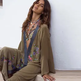 Costumi da bagno vintage con ricami floreali Kimono da spiaggia donna donna verde militare manica lunga costumi da bagno copricostumi autunno 2022 copertura esterna