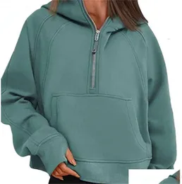 1LULULEMEN-80 Autumn Winter Yoga Suit Scuba Hoodie Half Zip Womens Sports Tröja Loose Gym Jacket Fitness Kort Plush Coat Drop Deliver Dhd7a 99