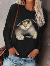 T-shirt haruku 3D Cat Printing Women Tshirts Autumn Fashion Oneck långärmad Pullover Topps Lady Tie Kvinnlig Loose Streetwear