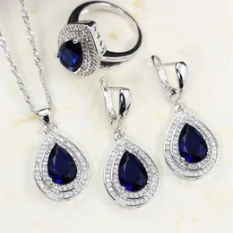 Bague Ringen Water Drop Shaped Sapphire Silver 925 여성용 보석 세트 Blue Gemstones Ring Earrings 목걸이 팔찌 웨딩 M234D