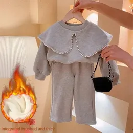Zestawy odzieży Dziewczyny Fall Pearl Grey Swater garnitur dziecięcy zimowe ubrania oraz aksamitne lapy dla dzieci Pants Modna moda