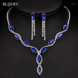 Blijery Silver Plated Royal Blue Crystal Wedding Jewelry Set för Women Leaf Tassel Long Necklace Earrings Bridal smyckesuppsättningar1257q