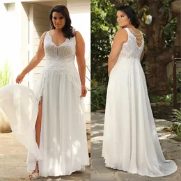 Elegante plus size vestidos de casamento de renda com decote em v uma linha lado dividir vestidos de noiva frisado até o chão chiffon robe de mariee