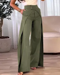 Women's Pants Women Fashion Solid Color Trousers Daily Wear Pantacourt High Waist Overlap Asymmetrical Wide Leg