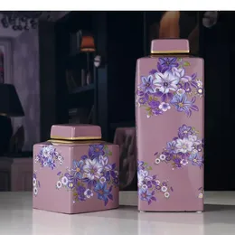 Frascos de armazenamento roxo íris flor pintada frascos decorativos com tampas decoração de mesa cerâmica chá caddy jarra de açúcar arranjo de porcelana