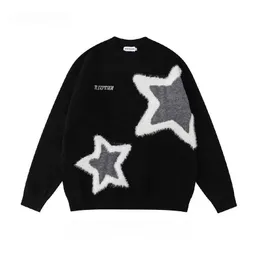 Erkek Sweaters American Retro Star Flock College Style Çift Kazak Erkekler ve Erkekler İçin Gevşek ve Çok Yönlü Kampüs Sweaters Gevşek Üstleri 231215