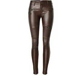 Jeans Frauen braun beschichtete Jeans dünne Stretchdetreide Hüfthosen Motorrad Biker Jeans Multi Reißverschluss Punk Faux PU Lederstifte Hose