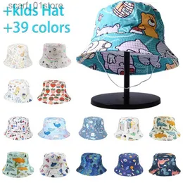 Wide Brim Hats Bucket Hats Panama Summer Children Cotton Cartoon Bucket Hat For Boys Printing Dinosaur Baby Girls Sun Hat Flower Kids BonnetL231216