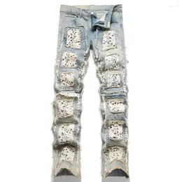 Herren Jeans Männer Blumenstickerei Denim Mode Fransen Patches Patchwork Hosen Slim Straight Wide Leg Hose
