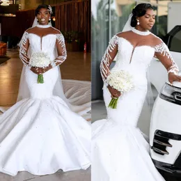 Luxuosos vestidos de noiva Aso Ebi para noiva africano árabe plus size vestido de noiva sereia mangas compridas países brilhantes vestidos de capela de praia para noivas NW001