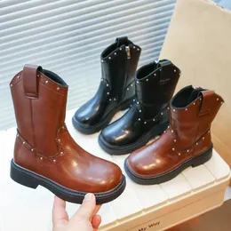 Botas Remache de niña Vaquero para niños Zapatos Niños PU Cuero Tobillo Niños 2024 Tacón cuadrado Antideslizante Retro Corto 231215