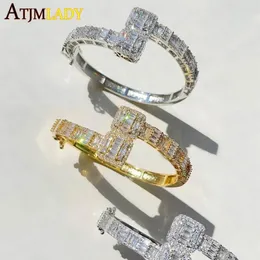 Łańcuch Link Gold Silver Color Otwarty kwadratowa cyrkon Bransoletka lodowana Bling Baguette CZ Bangle dla mężczyzn luksusowa biżuteria 287o